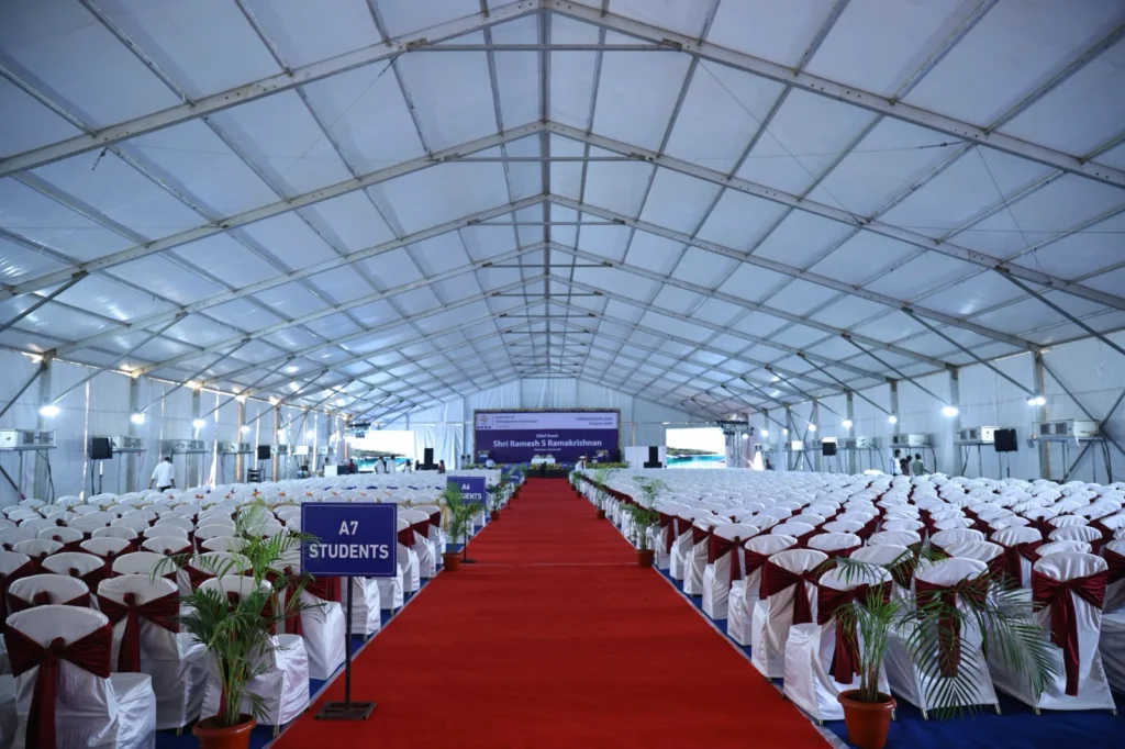 MARK Events & Exhibitions | #1 Event Management Company in Hyderabad 21 IMT Hyderabad convocation seating and stage inside a German hangar structure by MARK Events