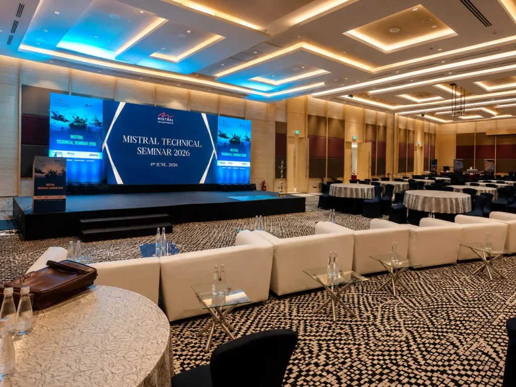 MARK Events & Exhibitions | #1 Event Management Company in Hyderabad 20 Mistral Technical Seminar stage with LED screens by MARK Events