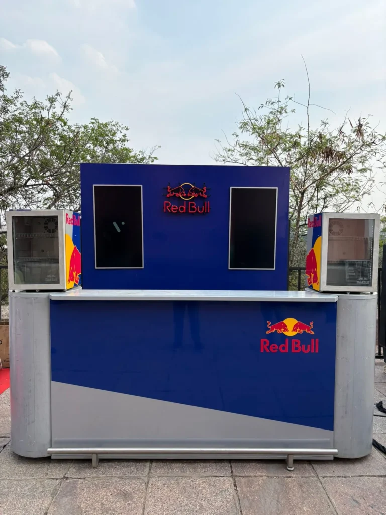 MARK Events & Exhibitions | #1 Event Management Company in Hyderabad 24 Red Bull branded bar counter fabricated by MARK Events